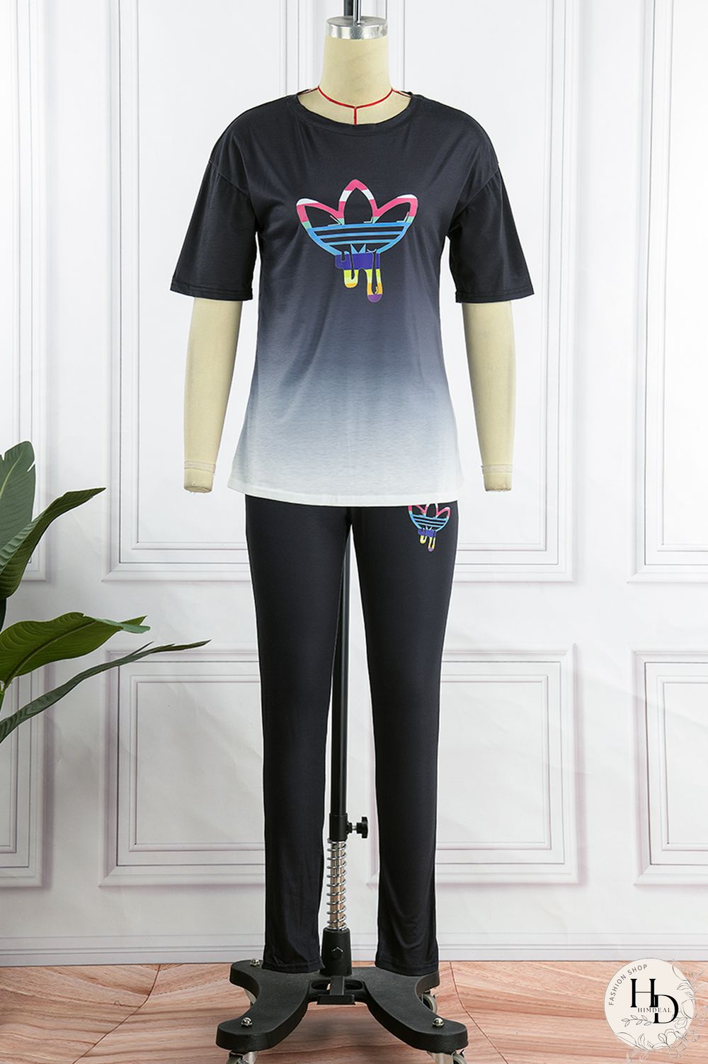 Black Casual Gradual Change Print Basic O Neck Short Sleeve Two Pieces