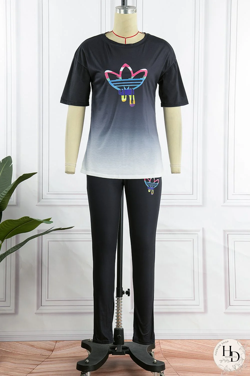 Black Casual Gradual Change Print Basic O Neck Short Sleeve Two Pieces