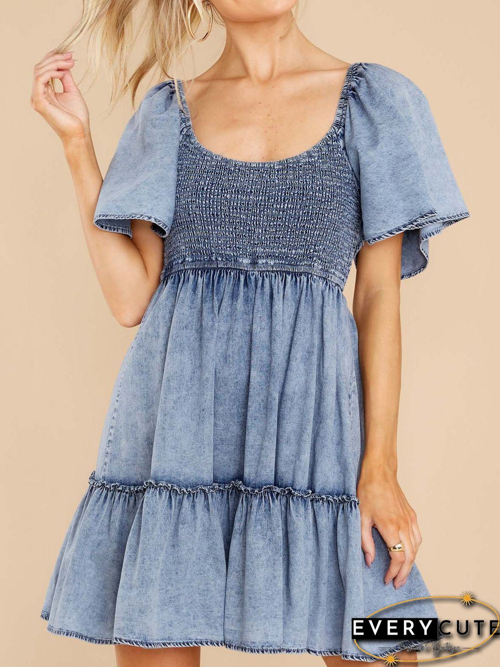 Women'S Dresses Loose Square Neck Short Sleeve Denim Dress