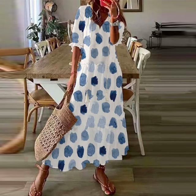 Loose Bohemian Printed V-neck Mid-Length Boho Tunic Dress
