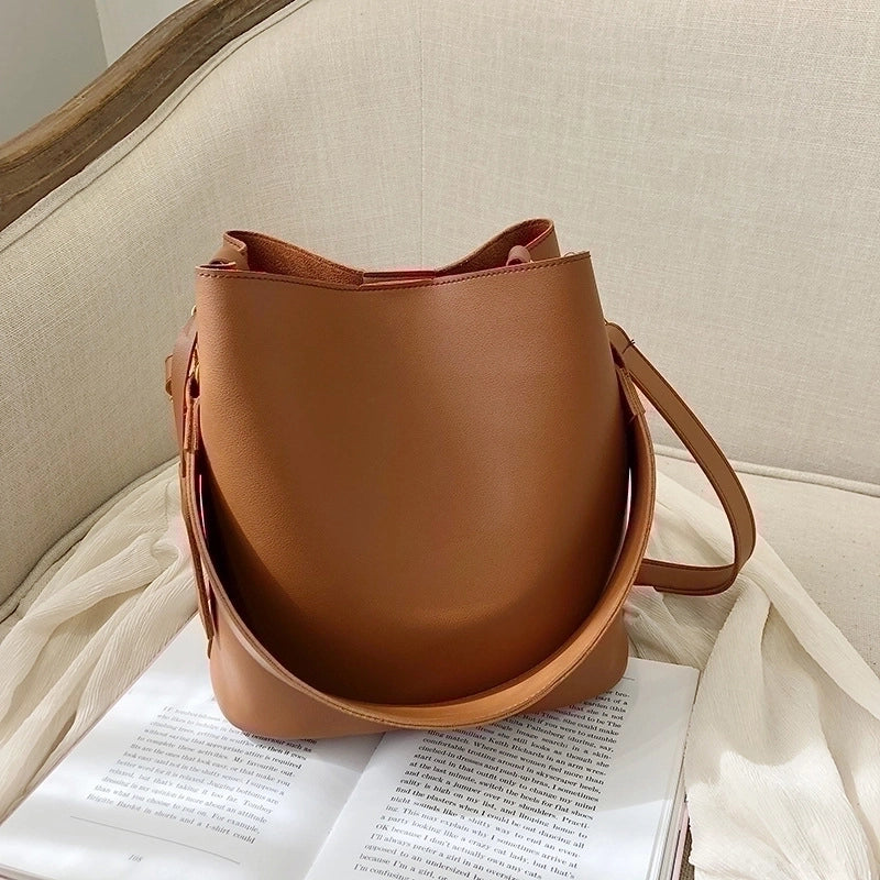 Women’s Pu Leather Solid Color Elegant Classic Style Bucket Zipper Magnetic Buckle Shoulder Bag Crossbody Bag Bucket Bag