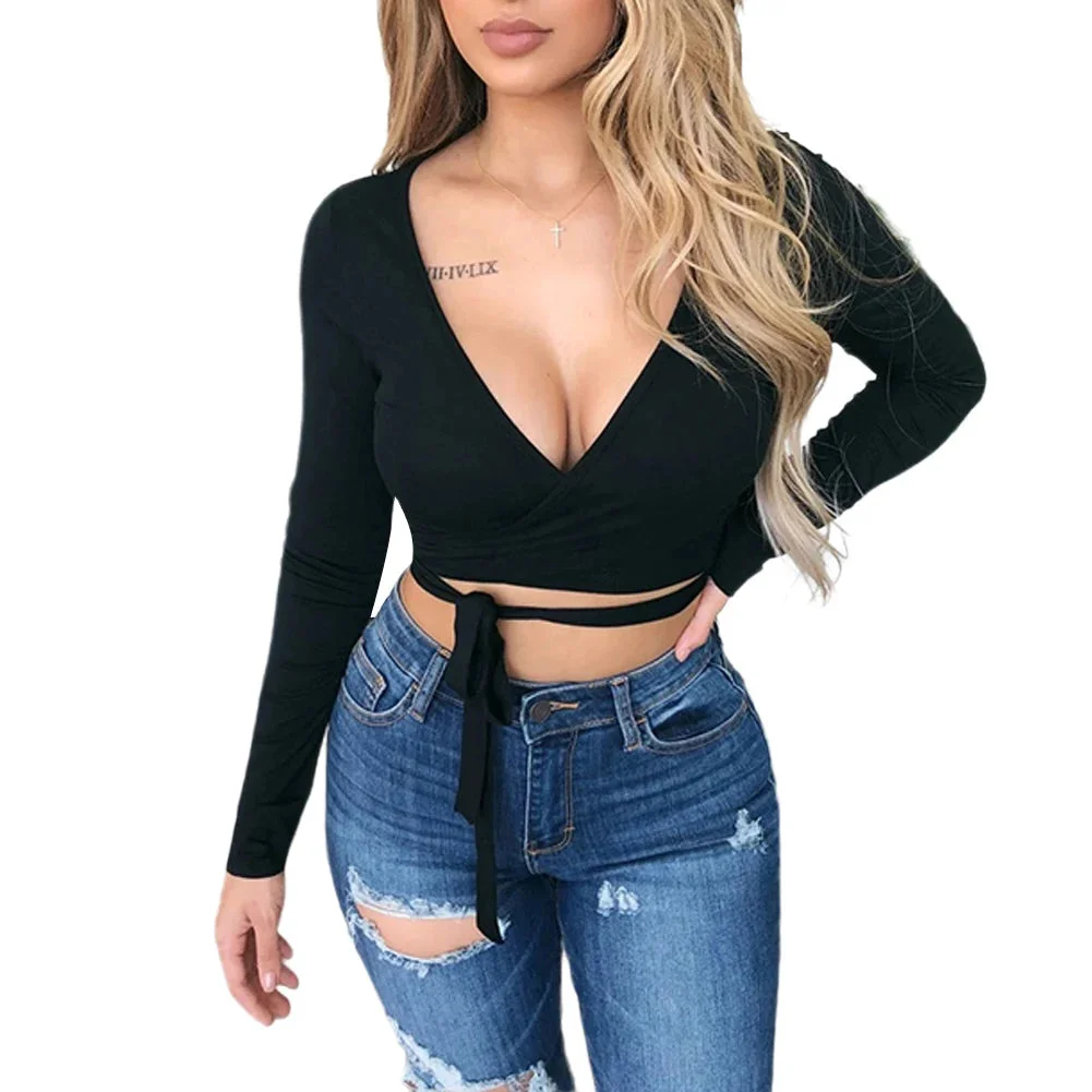 Oocharger Solid Long Sleeve T-Shirt Women Solid Crop Tops Fashion Female Bottoming Shirts Deep V Front Lace-up Skinny Tees