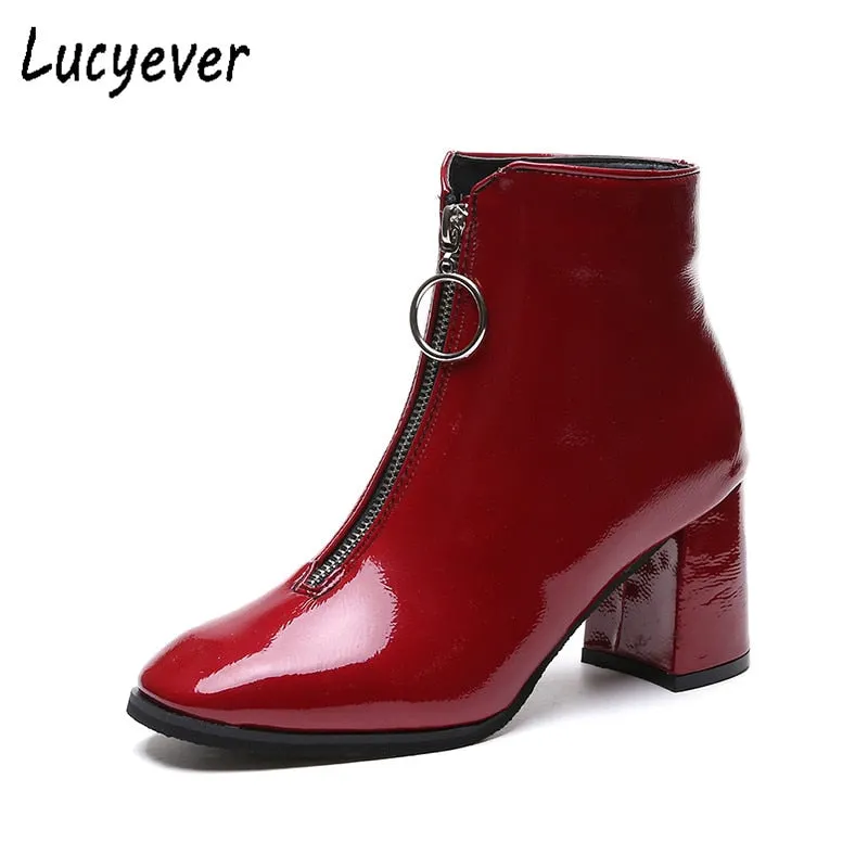 2020 Autumn Winter High Heels Square Toe Ankle Boots for Women Fashion Patent Leather Shoes Woman Zip Motorcycle Booties Mujer