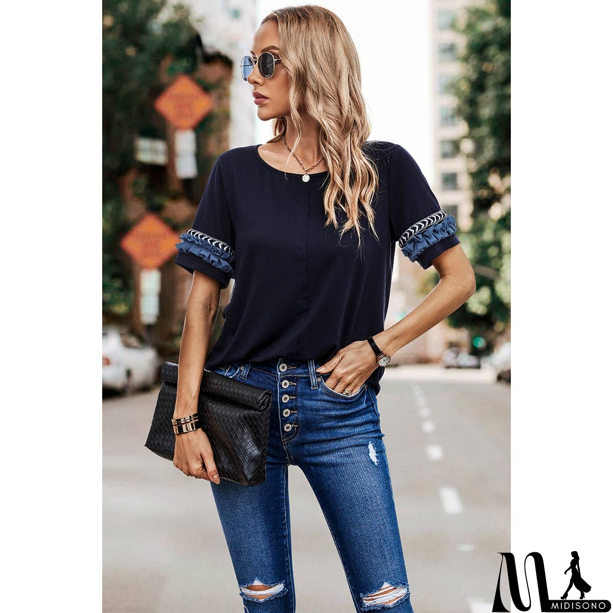 MidiSono - Solid Round Neck Loose Fit Frill Trim Tee