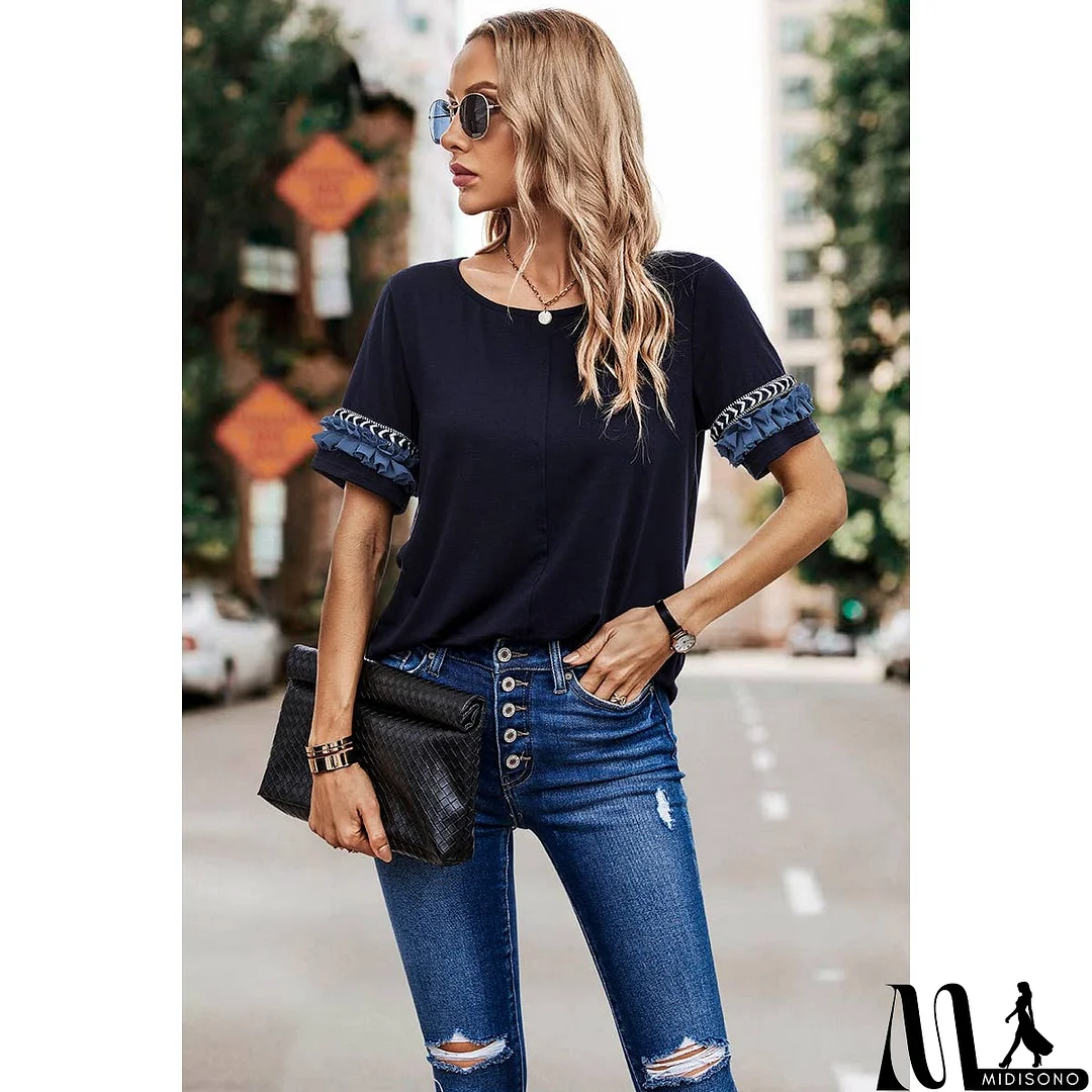MidiSono - Solid Round Neck Loose Fit Frill Trim Tee