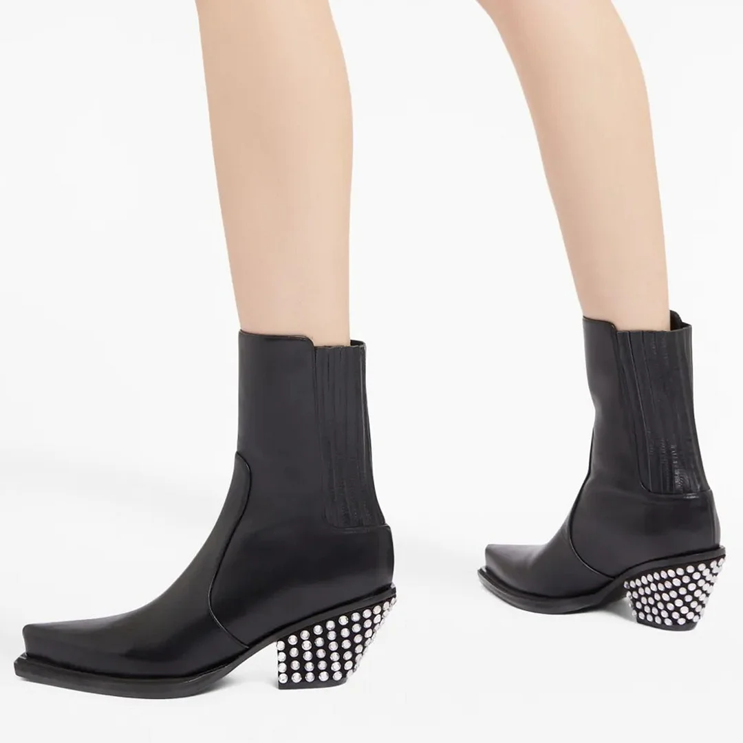 Elegant Black Rhinestone Slip On Pointed Toe Cowboy Boots for Women