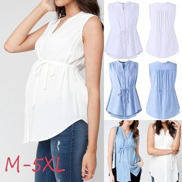 S-3XL Soft Rayon Maternity Blouse Sleeveless V Neck Irregular Pregnancy Top With Belt Nursing Clothes - Shop Trendy Women's Fashion | TeeYours