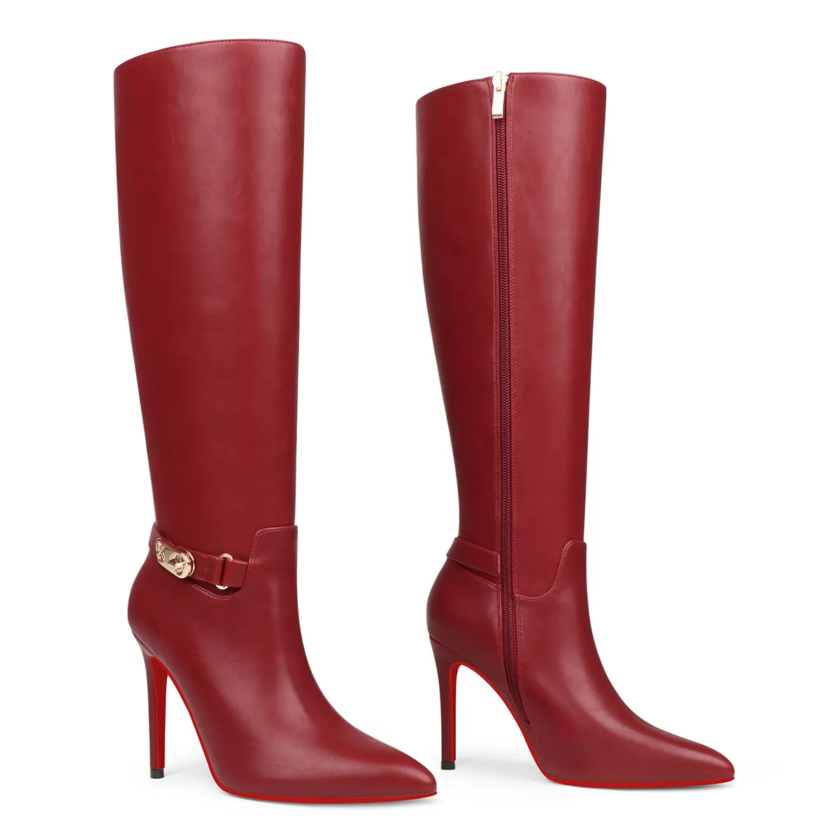 100mm Fashion Zipper Red Bottoms High Heels Metal Buckle Knee Boots-vocosishoes