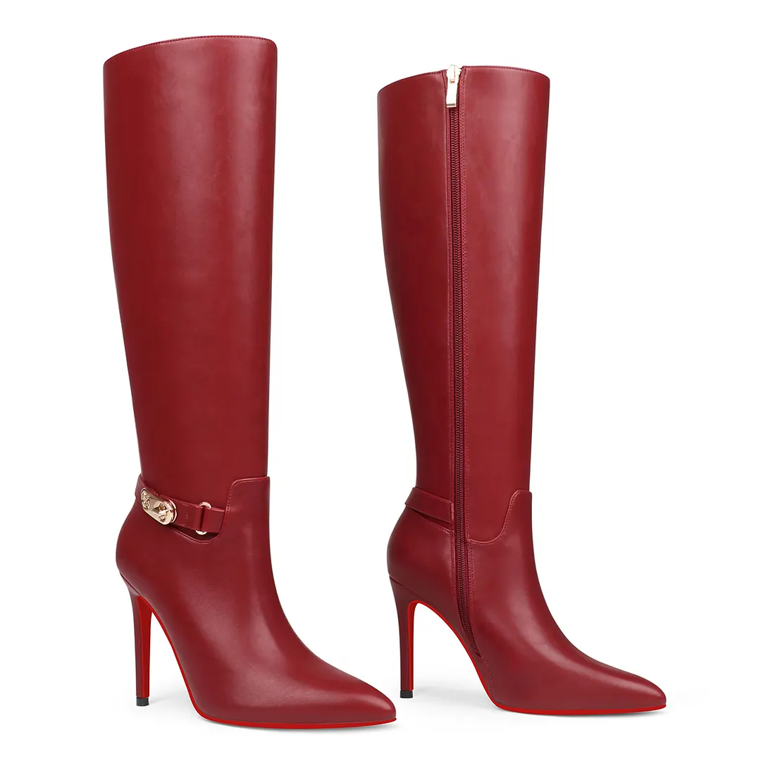 100mm Fashion Zipper Red Bottoms High Heels Metal Buckle Knee Boots-vocosishoes