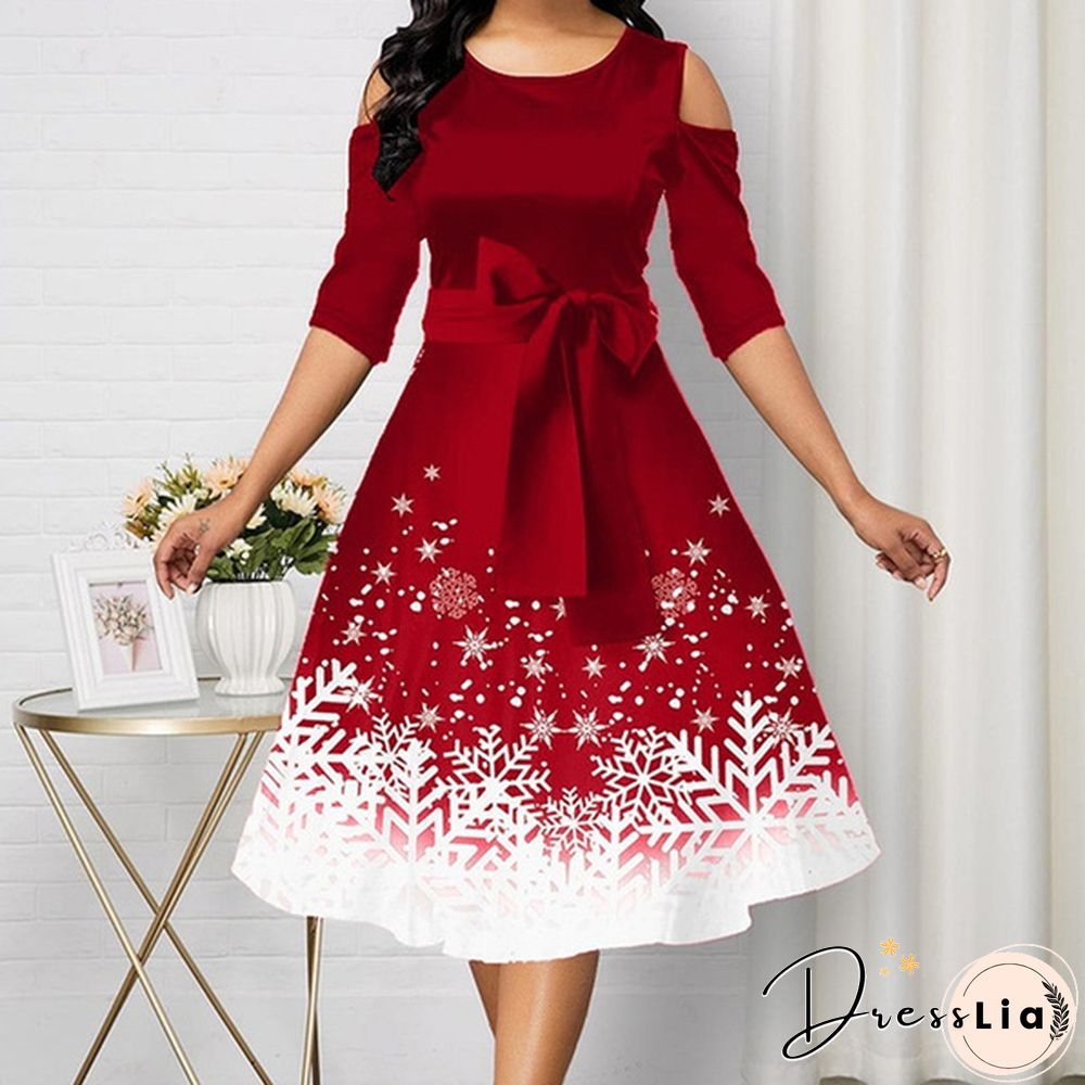 Women Fashion Belted Snowflake Print Christmas Dress Cold Shoulder Round Neck Party Dress Plus Size A-Line Dresses