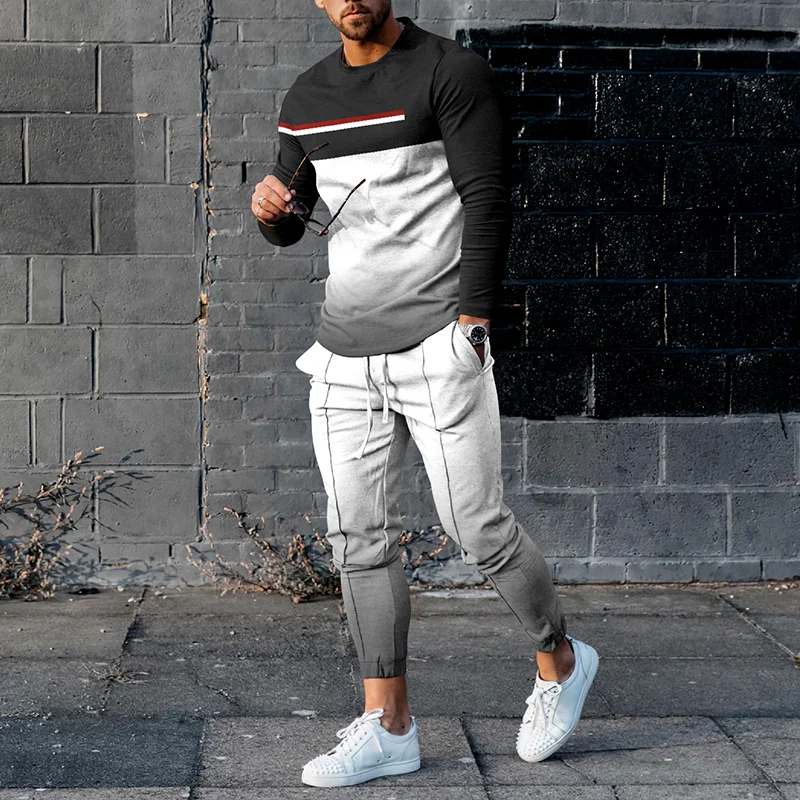 Black And White Mosaic Geometry Long Sleeve T-Shirt And Pants Co-Ord
