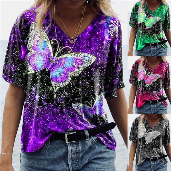 Women's Fashion Spring and Autumn New Five-point Sleeve Butterfly Print Tops - BlackFridayBuys