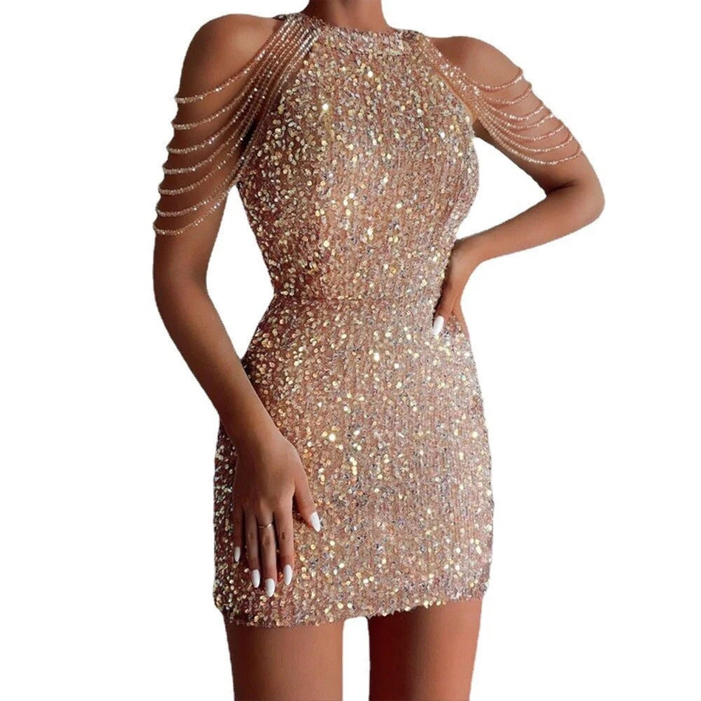 Woman dress prevalent Summer Sequin O neck sleeveless thin waist mini Dresses Casual Vestidos dropshipping FTYSLQ7803