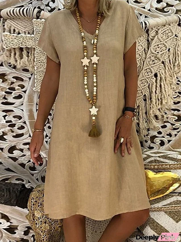 Women's Dress - Shift Dress Midi Dress Yellow Army Green Khaki Short Sleeve Pure Color Spring Summer V Neck Basic Daily Weekend Loose Fit M L XL XXL 3XL 4XL 5XL