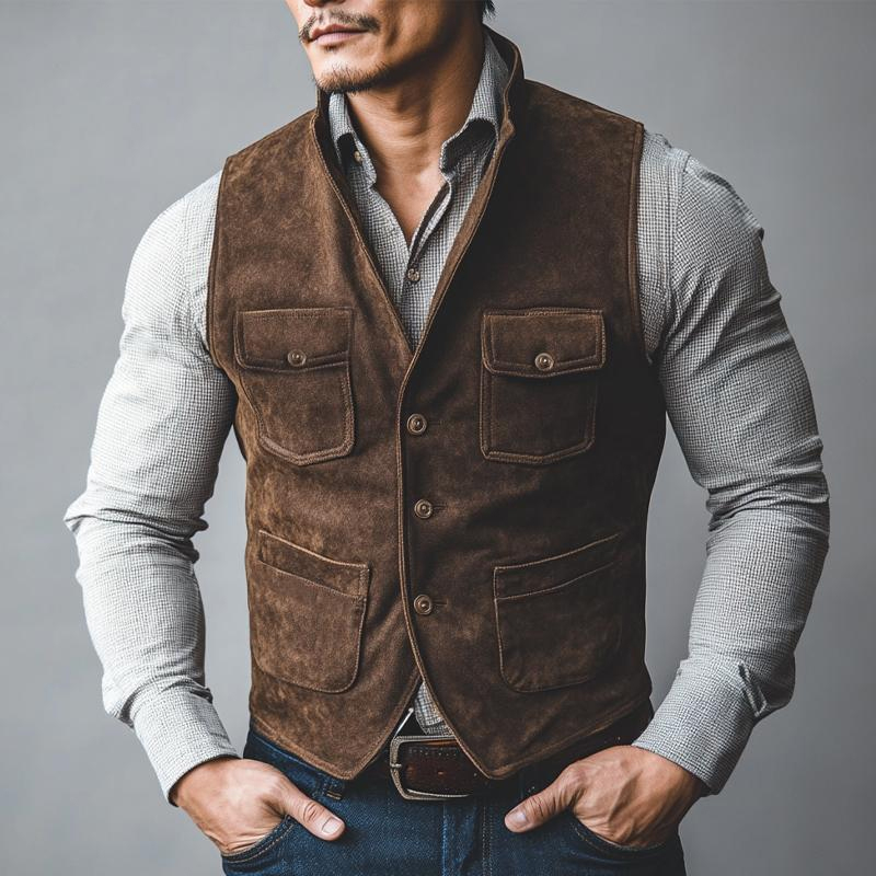 Men's Vintage Distressed Suede V-Neck Vest