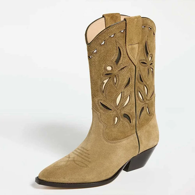 Khaki Vegan Suede Stitching Pointed Toe Western Boots for Women |FSJ Shoes