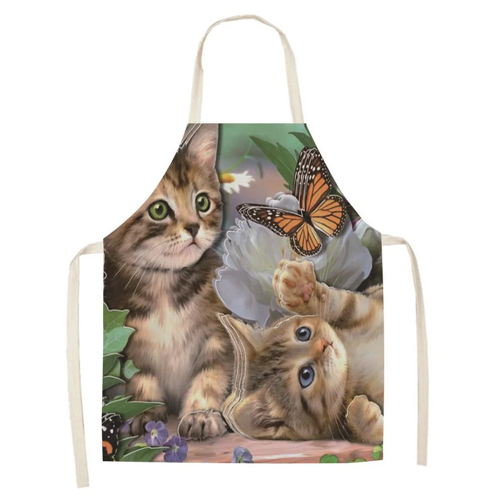 Linen Print Apron - Cat - Waterproof