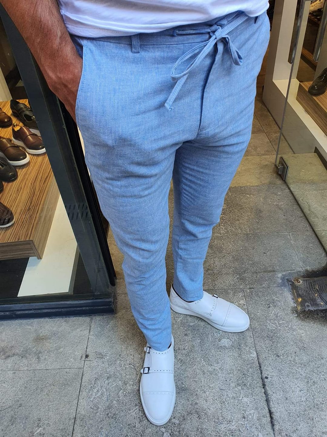 Jhon Slim Fit Striped Linen Blue Pants