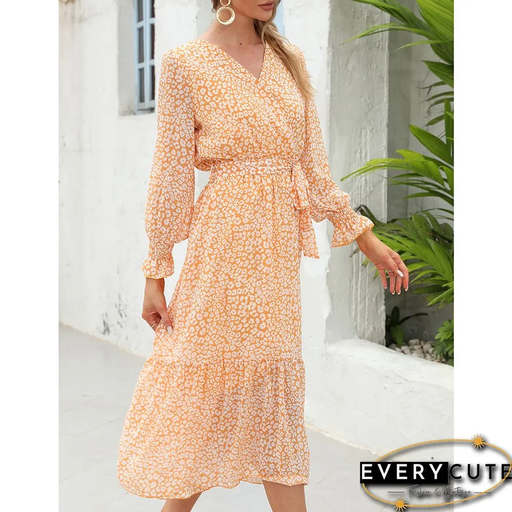 Yellow Floral Print V Neck Long Sleeve Swing Dress