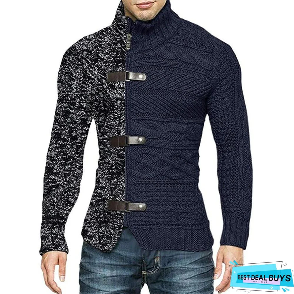 High Neck Sweater Men's Color Matching Leather Buckle Long Sleeve Knitted Cardigan