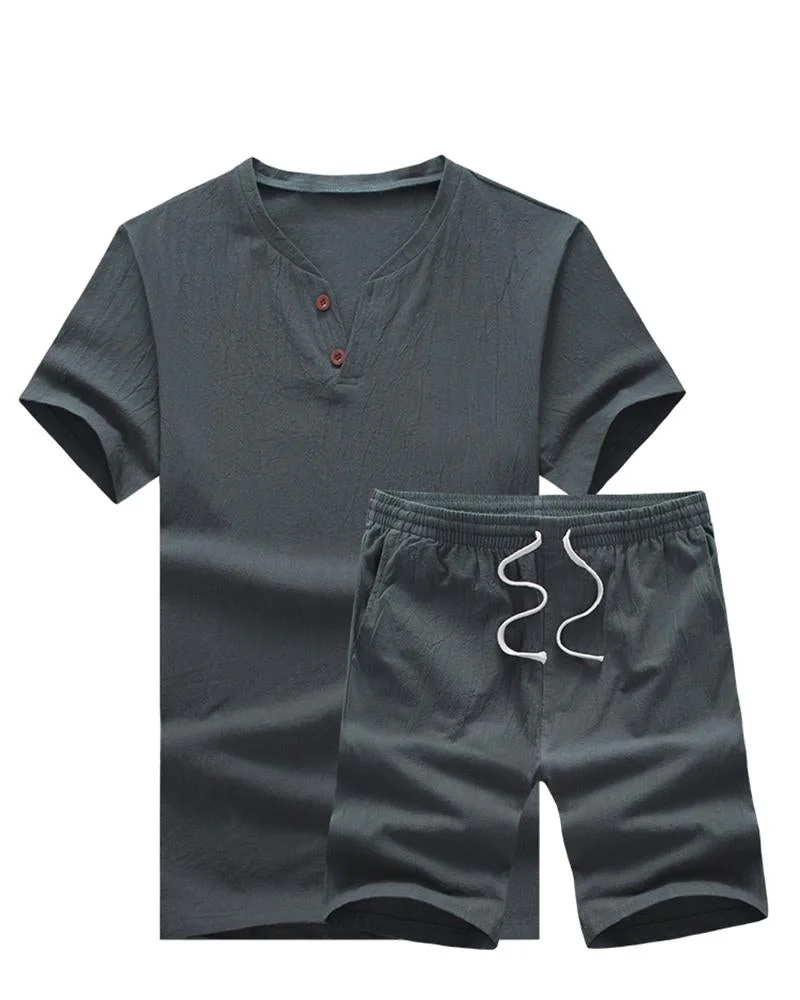 Men's V-neck Solid Color Short Sleeve Shorts Suit