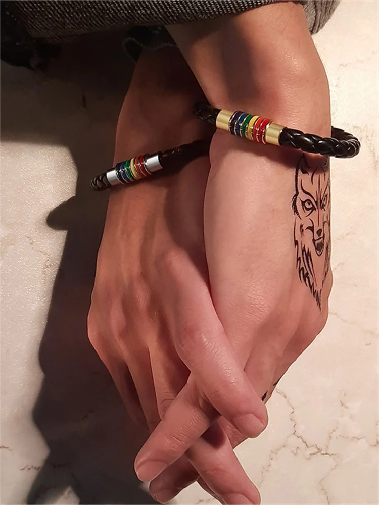 Rainbow Stripe LGBT Woven Leather Bracelet