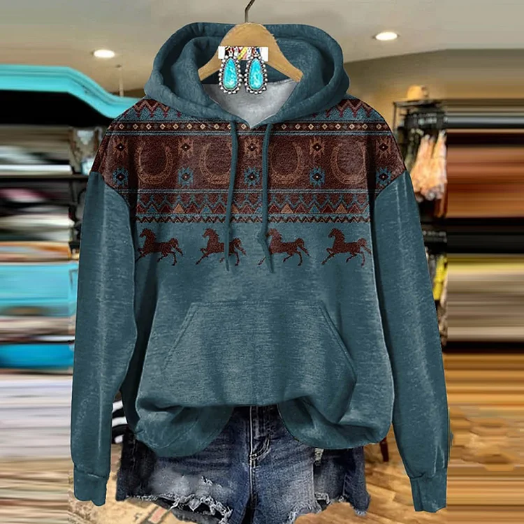 Utbros Vintage Aztec Horse Art Print Casual Hoodie