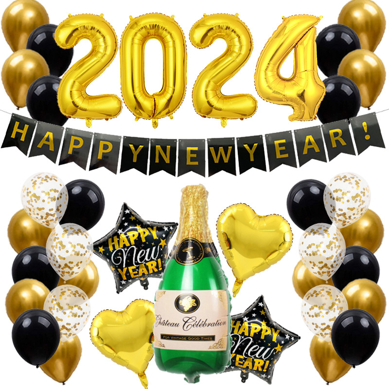 2024 New Year's Eve Deluxe Balloon Set – Star & Champagne Banner with 32" Number Balloons Combo