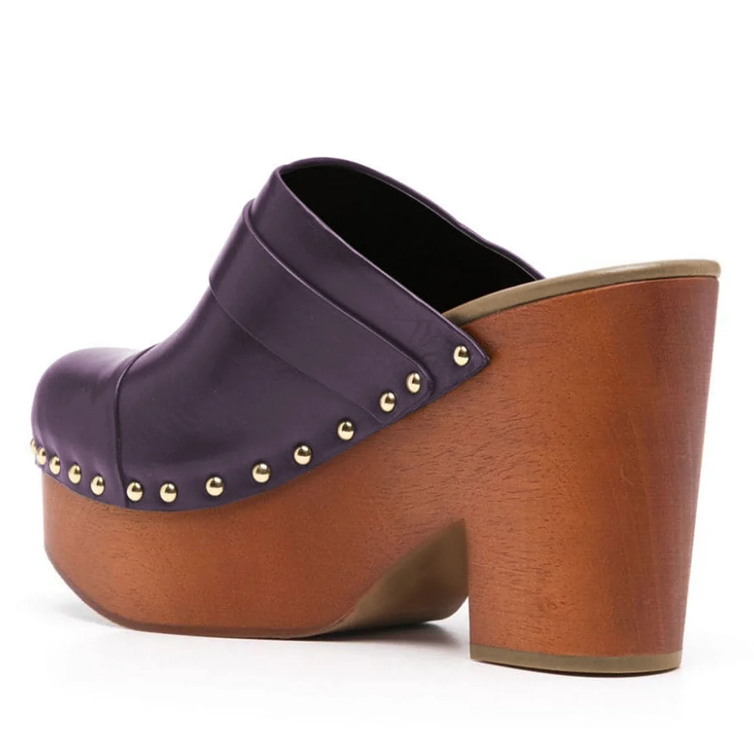 Purple Studs Buckle Strap Round Toe Block Heel Platform Mules Shoes
