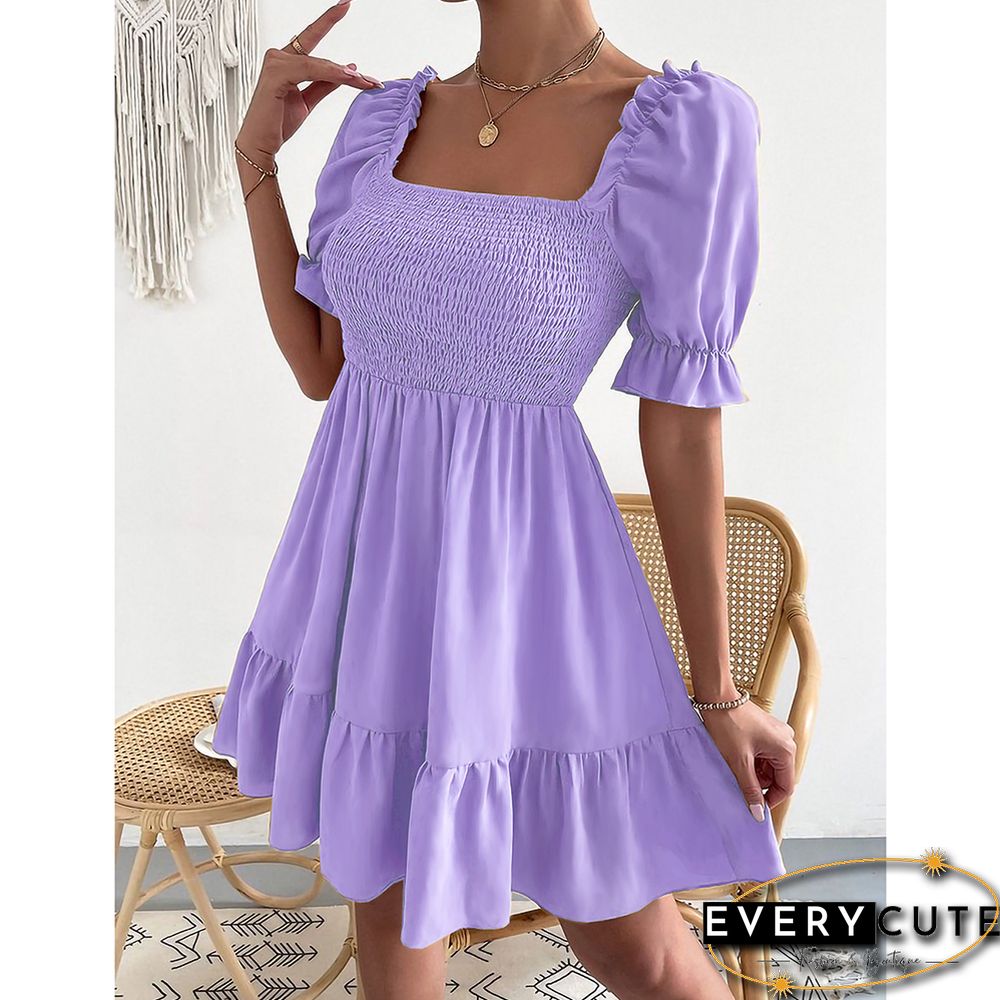 Light Purple Square Neck Short Sleeve Ruffle Mini Dresses