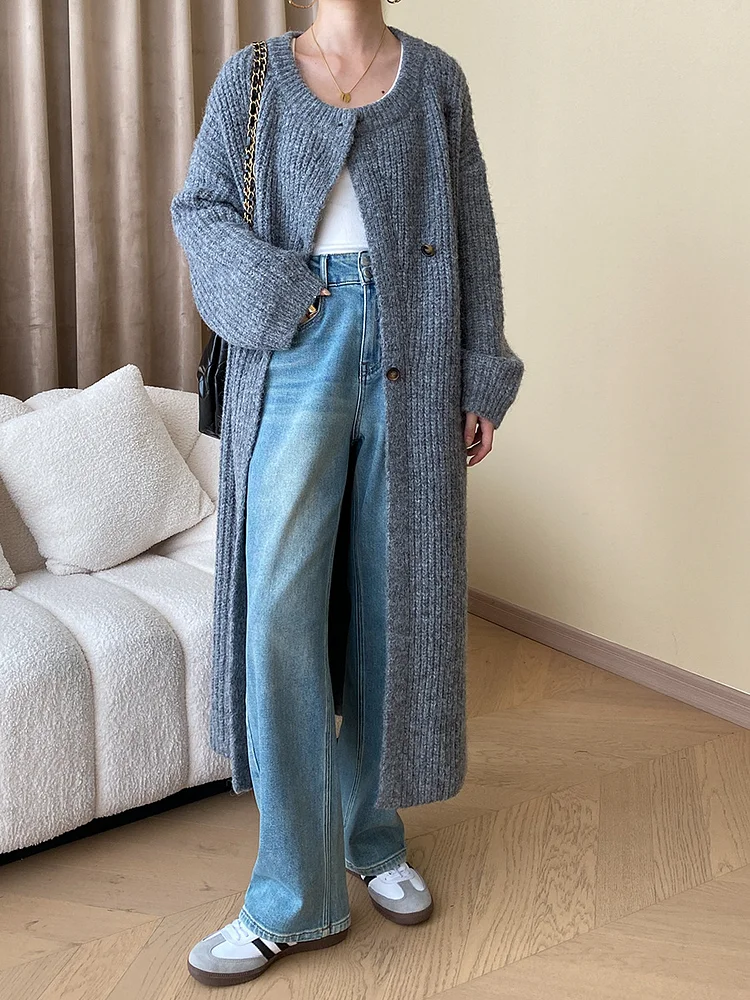 Lightweight Wool-blend Knit Long Sleeve Coat - yankia