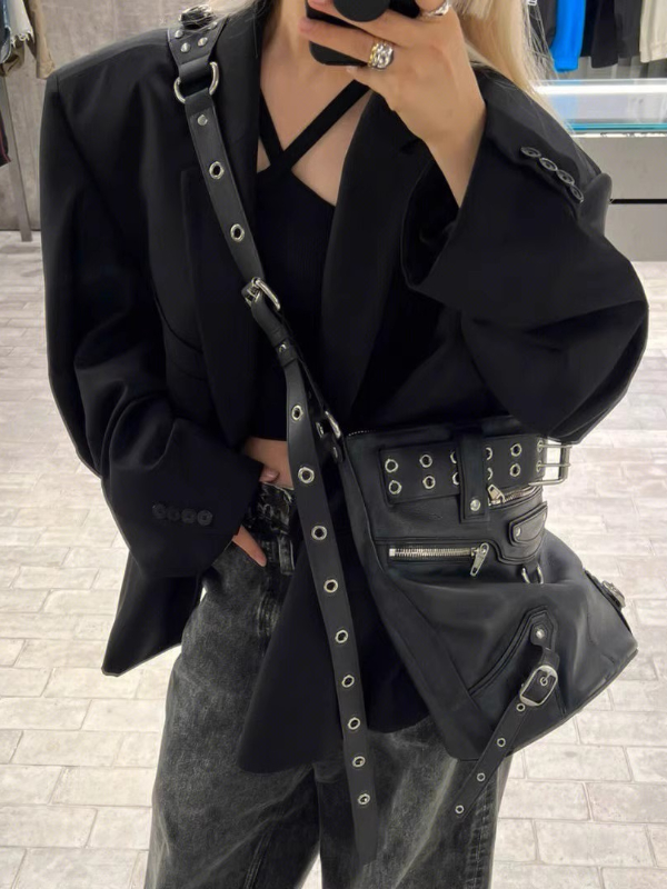 Gothic Dark Rivet Leather Crossbody Bag
