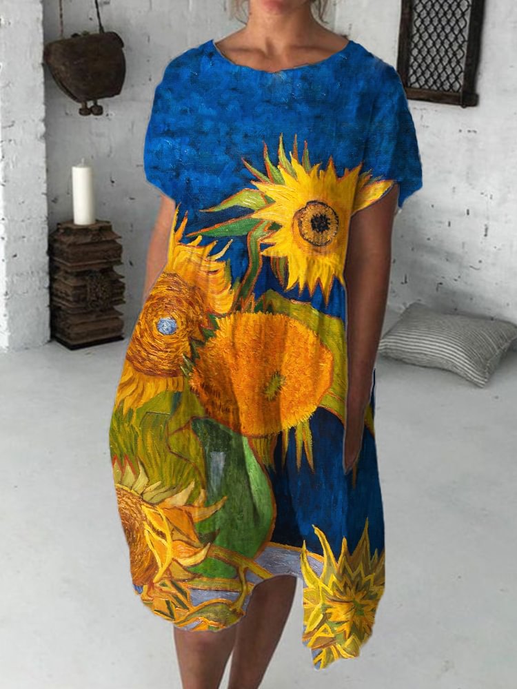 Van Gogh Sunflowers Pleated Midi Dress