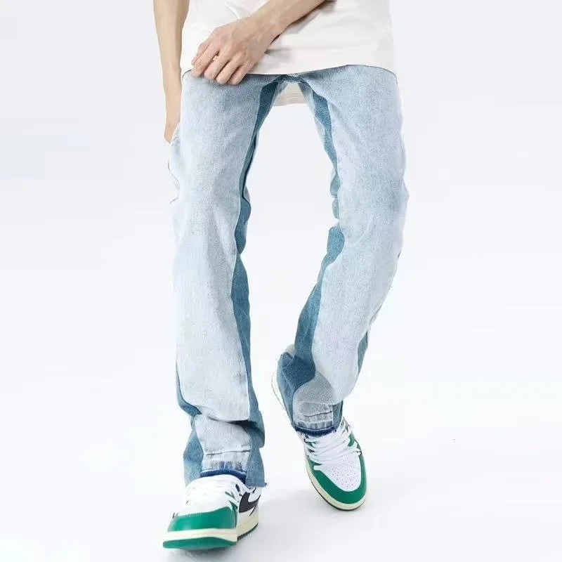 Hedirax fall outfits y2k European and American high street men's washed jeans retro personalized straight-leg splicing flared pants trendy denim trousers