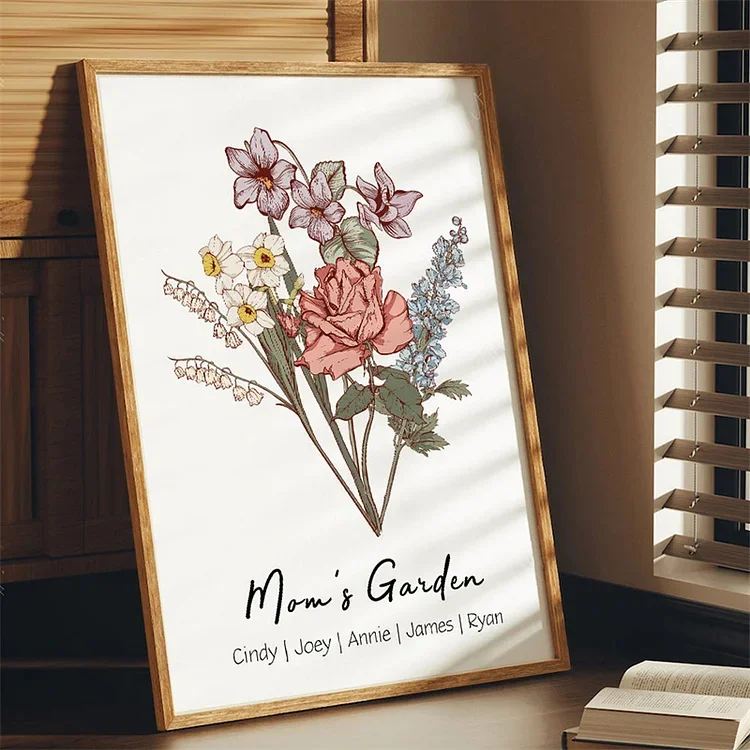 Classic Custom - Personalized Birth Flower Family Bouquet Names Frame