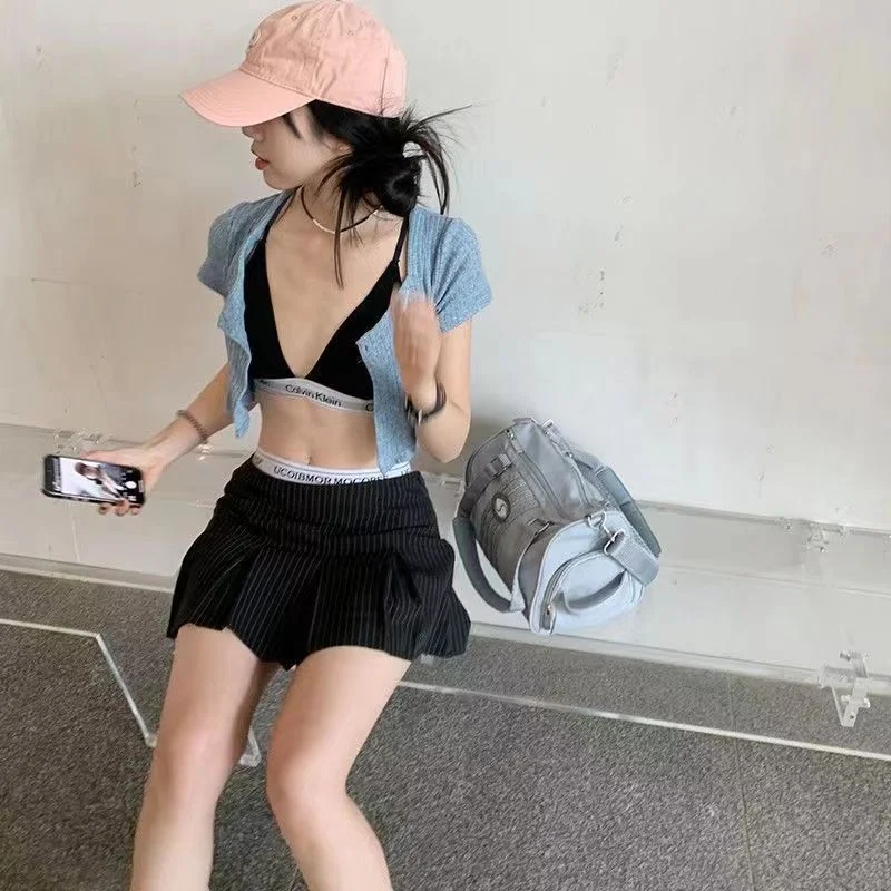 Nigikala Nigikala Girls Black Fake Two Spliced Half-Body Skirt High-Waisted Stripe Short Skirt Short Skirt 100-Fold Skirt