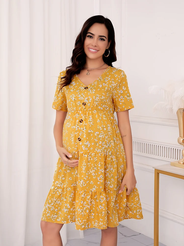 Polyester Elegant Yellow Floral Sun Dress For Pregnant Women | Loose Fit, V-Neck, Short Sleeve, Spring/Summer Maternity Wear, Maternity Clothing, Floral Print Dress