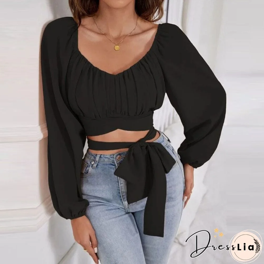 Back To School Outfit  Sexy Pleated Long Sleeve Bandage Hollow Out Tops Women Elegant Solid Color Blusas Temperament Square Collar Blouses Shirts