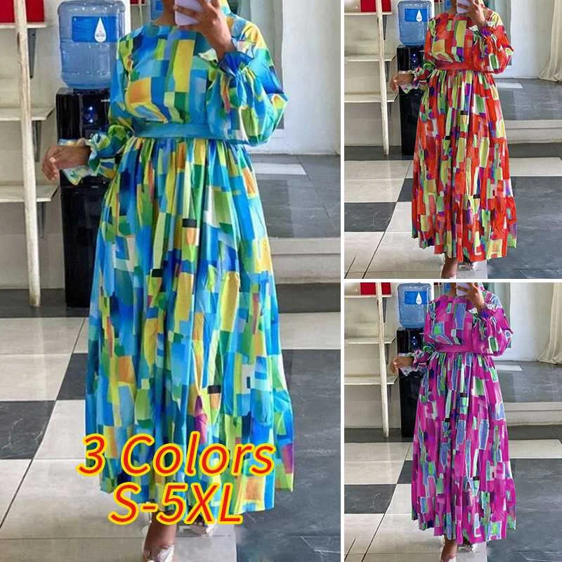 Women Dress VONDA Casual O Neck Printed Long Maxi Dresses Vintage Pleated Long Flare Sleeve Robe With Belt Baggy Vestidos