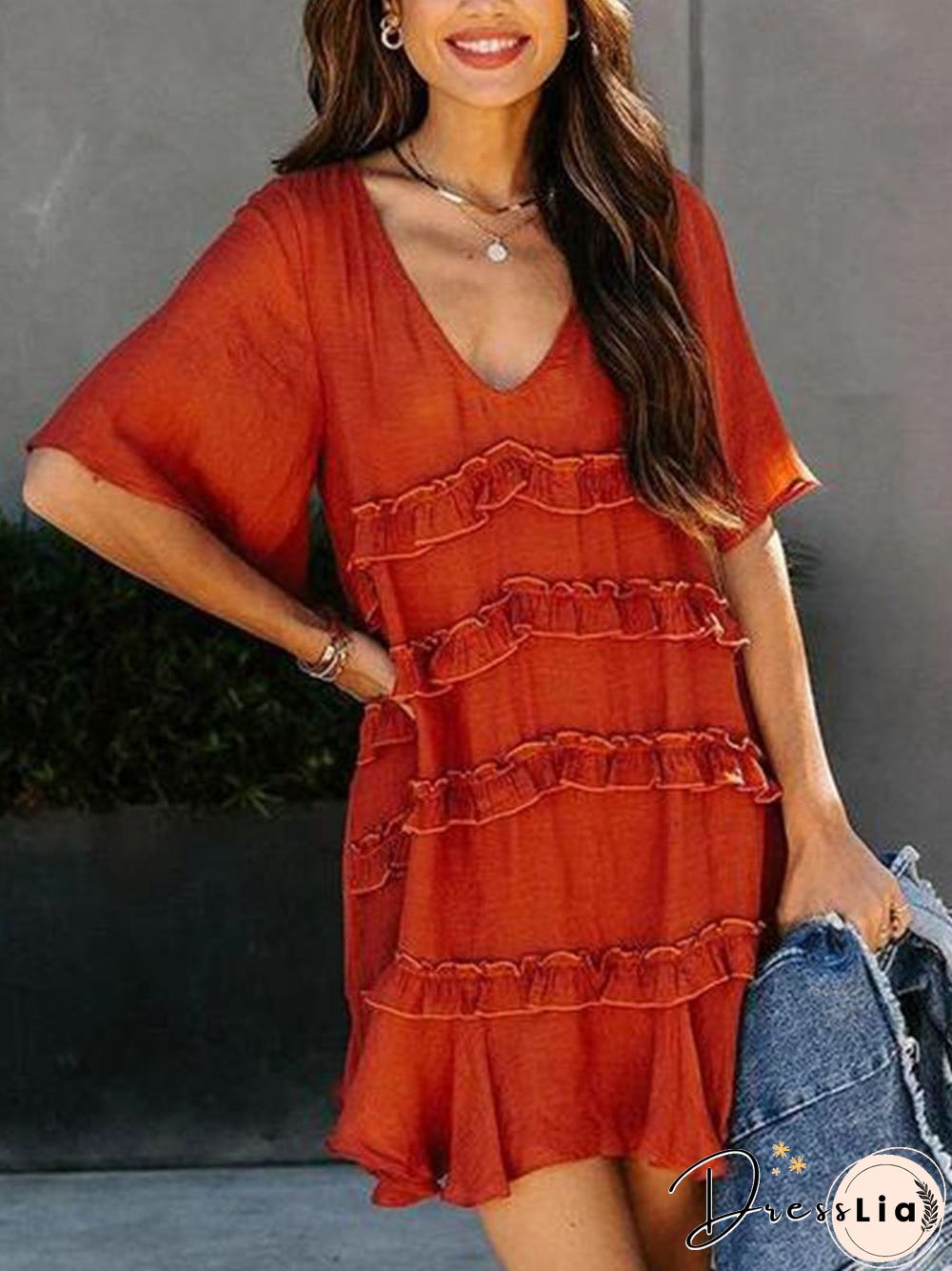 V-neck Half-sleeve Ruffle Mini Dress P16239