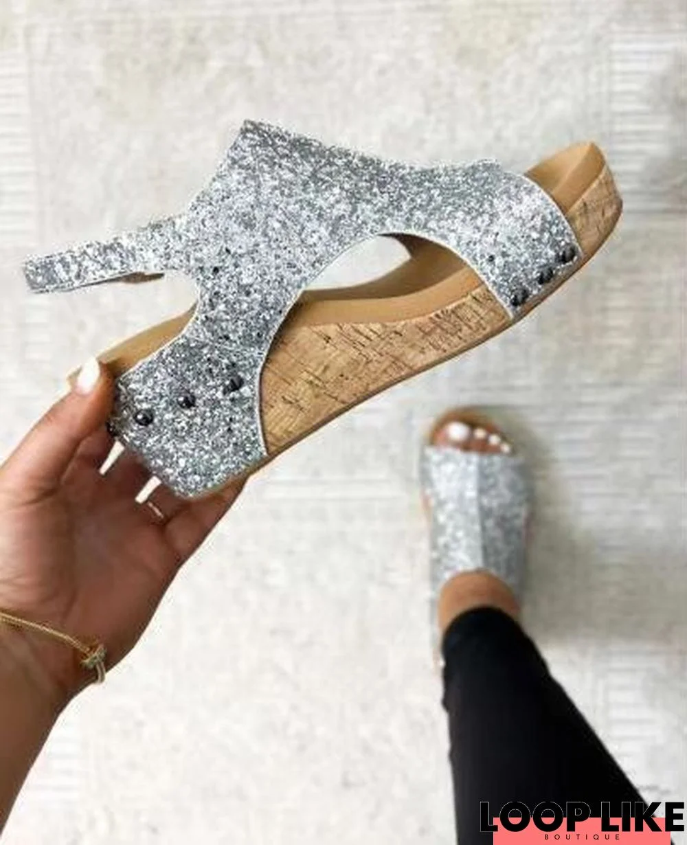 Trendy Chunky Wedge Sandals: Fashion Sequins Velcro Shoes for Women's Stylish Comfort