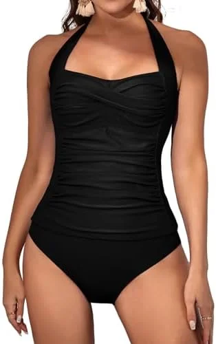 Womens Halter Ruched Tummy Control Two Piece Tankini 