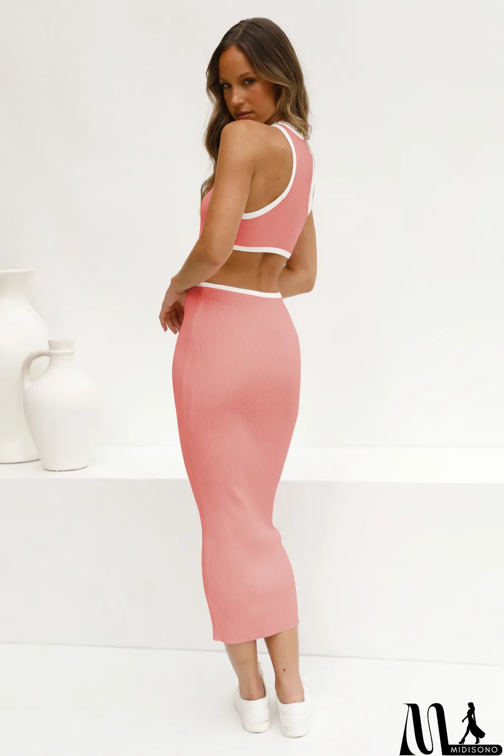 MidiSono - Fashionable round neck pullover tight hollow open back sexy racer dress bodycon midi skirt