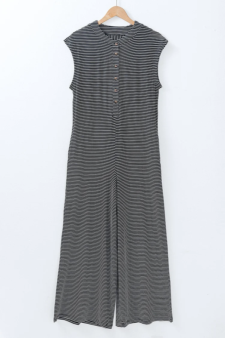 Women 2025 Casual Wide-leg Stripe Jumpsuit Cap Sleeve