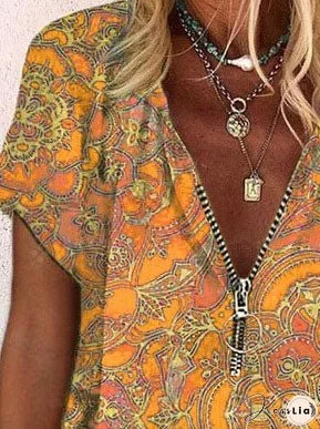 Printed Zipper V-neck Loose Short Sleeve T-shirts