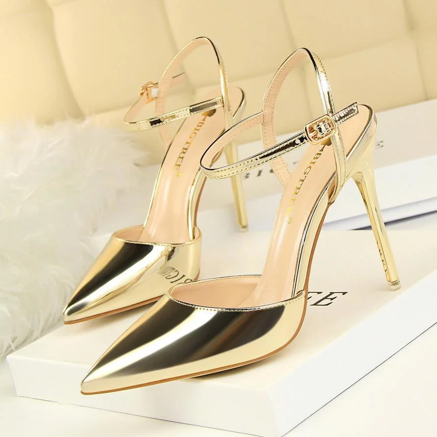 Simple stiletto super high heel shallow pointy patent leather sexy flat sandals