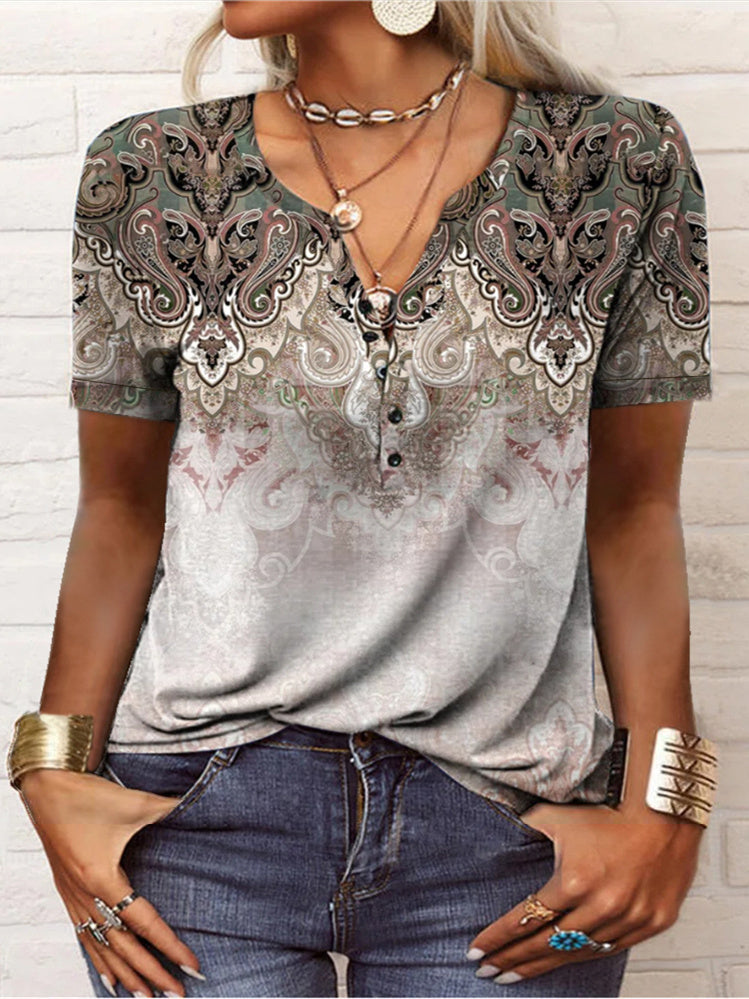 Women Long Sleeve V-neck Graphic Floral Printed Top