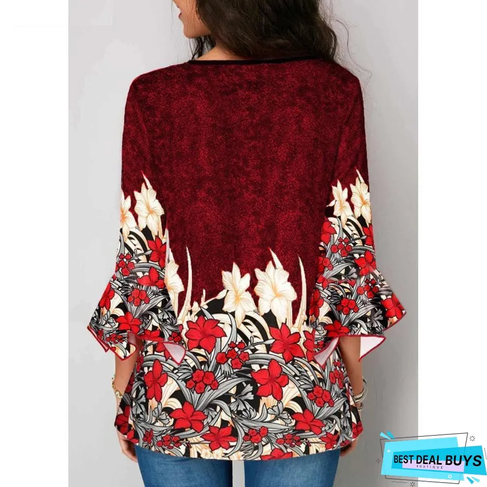 Women Plus Size Three Quarter Sleeve Floral Print Causal Loose Tunic Blouse Shirts