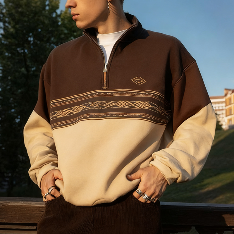 Men's Loose Casual Retro College Style Half-open Collar Stitching Printed Sweatshirt
