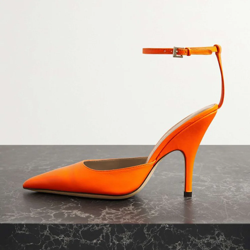 Orange  Closed Pointed Toe Ankle Strappy Pumps With Stiletto Heels Nicepairs
